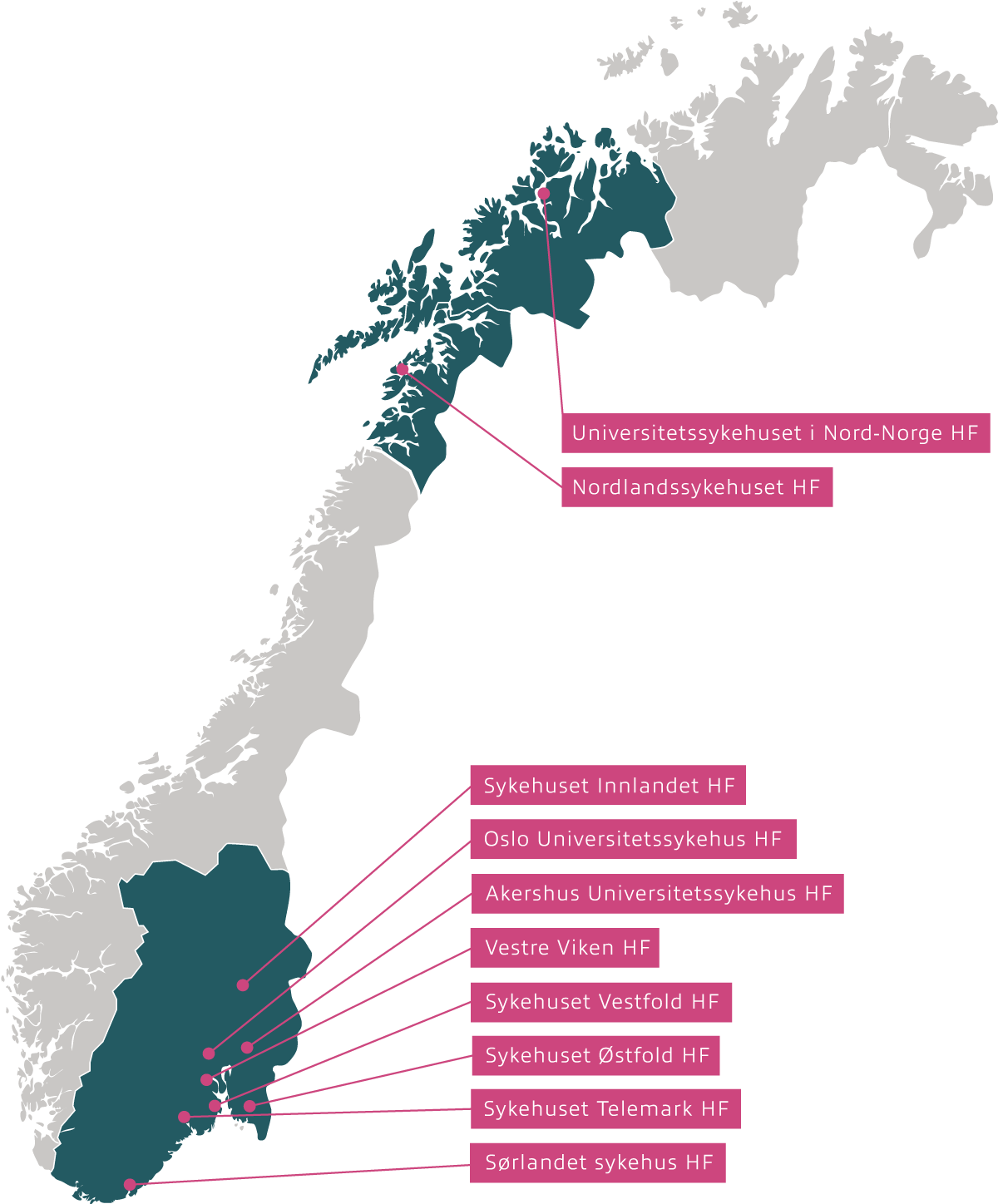 Norgeskart med markering av steder